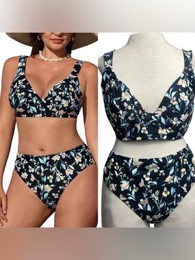 Cupshe Black Floral V-Neck High-Waist Bikini - Cream & Light Blue Flowers